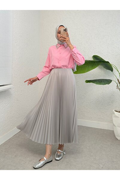 Modamorfo Buttoned Casual Shirt with Stone Detail on the Collar - Pink