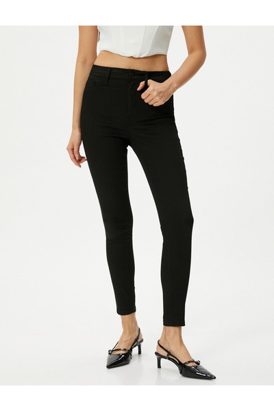 SHEVEGA Black Lycra High Waist Narrow Leg Linen Trousers