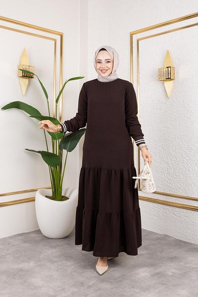 HARMAN BUTİK Γυναικείο Ριμπ Καφέ Φόρεμα Hijab
