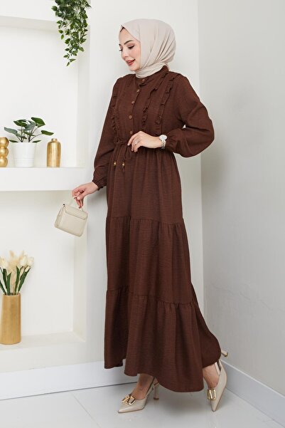 HARMAN BUTİK Γυναικείο βολάν με λεπτομέρεια με κουμπιά καφέ λινό φόρεμα