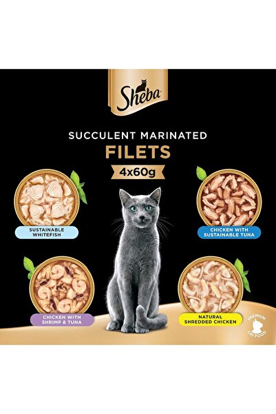 SHEBA Fillet Variety Wet Cat Food - Chicken, Prawn, Tuna & White Fish, 4 x 60g