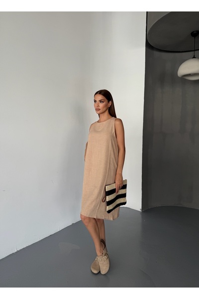 Diviny Women's Thick Strap Midi Length Summer Linen Dress