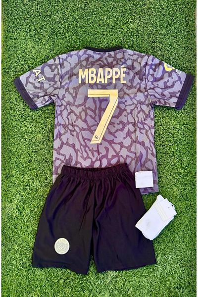 BARBITOS Psg Mbappe Black Patterned Home Children's Jersey with Gift Set of 4 Socks Wristband Hd1199