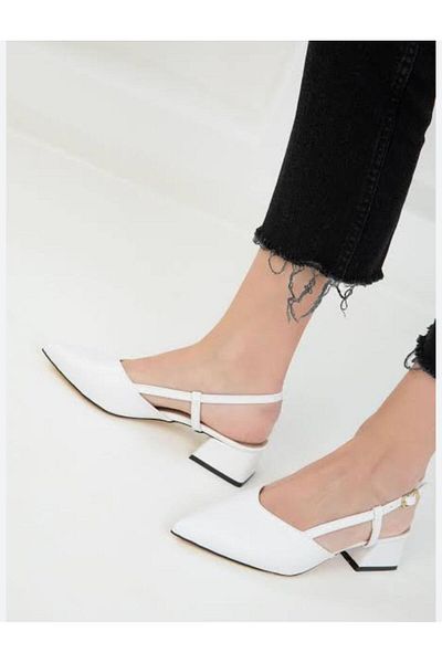 MY TREND White Patent Leather Open Back Pointed Toe Short Heel Daily Ballerina Women's Heeled Shoes
