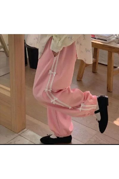 EDVESS Y2k Pink Unisex φαρδύ παντελόνι αλεξίπτωτο / αθλητική φόρμα - Νέα τάση με λεπτομέρεια κορδέλας