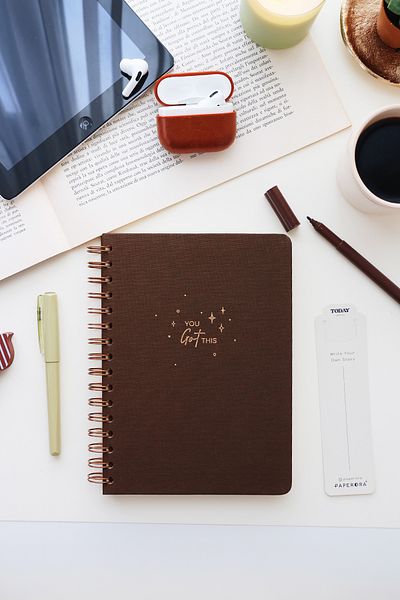 PAPERORA Brown Linen Dotted A5 Spiral Undated Notepad - Hard Cover