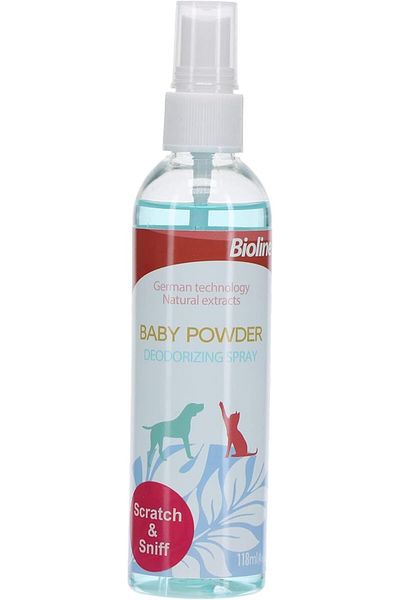 Bioline Baby Powder 118 ml, Deodorizing Pet Spray, Whiteblue