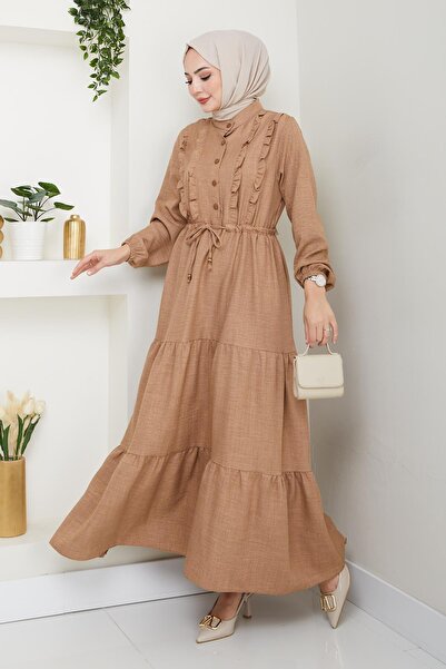 HARMAN BUTİK Γυναικείο βολάν με λεπτομέρεια μπεζ λινό φόρεμα με κουμπιά