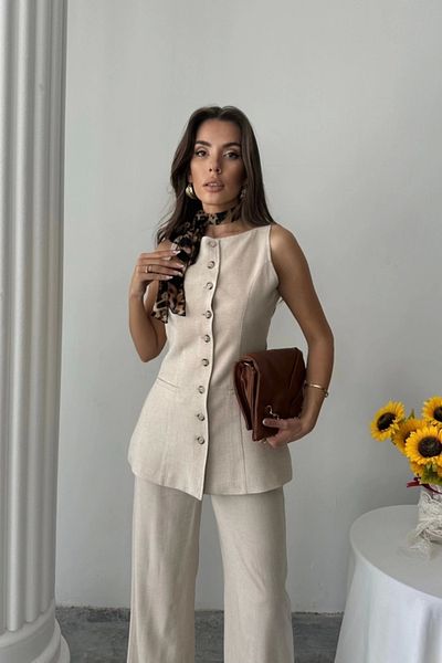 novafems Linen Vest - Pants Suit - Beige