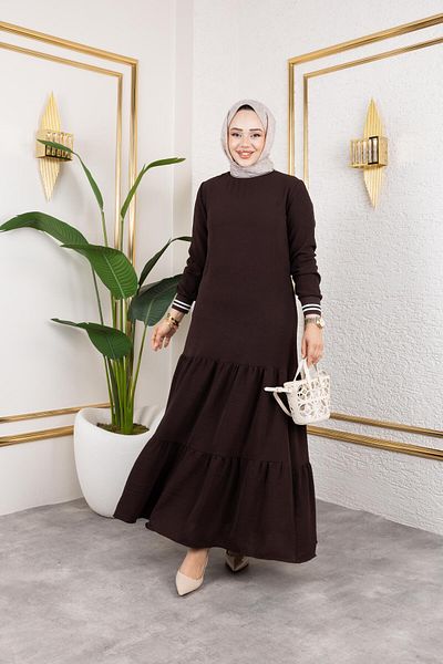 HARMAN BUTİK Γυναικείο Ριμπ Καφέ Φόρεμα Hijab