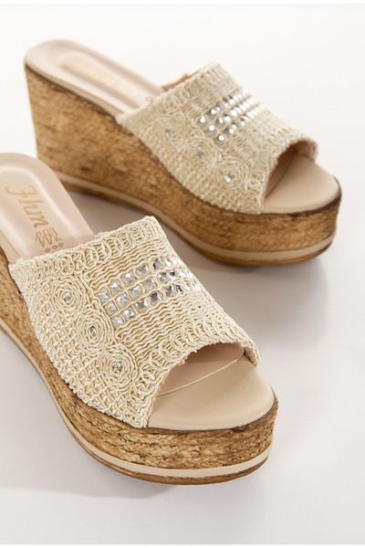 FHM AYDOGDU Beige Stone Wedge Sole Knitted Slippers -571