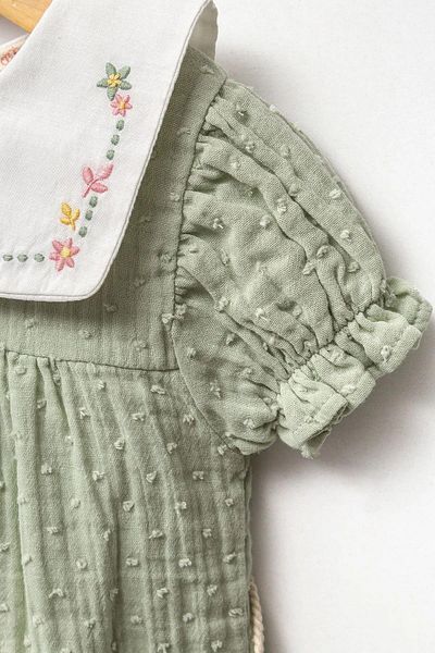 Magu Girl's Cotton Muslin Floral Embroidered Shirt Collar Bag Dress