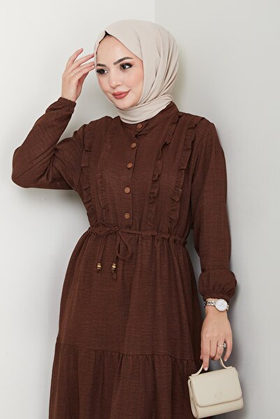 HARMAN BUTİK Γυναικείο βολάν με λεπτομέρεια με κουμπιά καφέ λινό φόρεμα