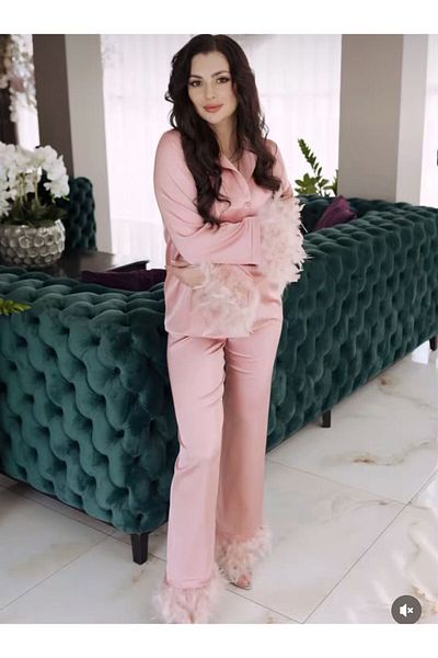 demirosa Pink Satin Feathered Pajama Set