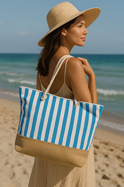 MUCCE Women's Blue Striped Beach Bag Large Size Zippered 52×38cm