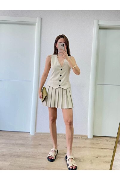 MODA Μίνι φόρεμα με λινό σετ με λεπτομέρεια γιλέκου με κουμπιά - Μπεζ