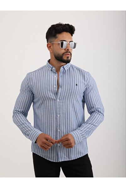 Erkek Slim Fit Beyaz Laci Çizgili Keten Gömlek