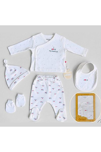 MİLAYS LİFE HOME COLLECTİON Baby Girl 0-3 Months Love My Family Set of 5 Boxed 100% Cotton