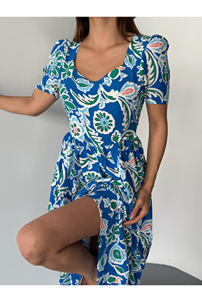 Diviny Women's Square Neck Short Sleeve Long Summer Viscose Dress