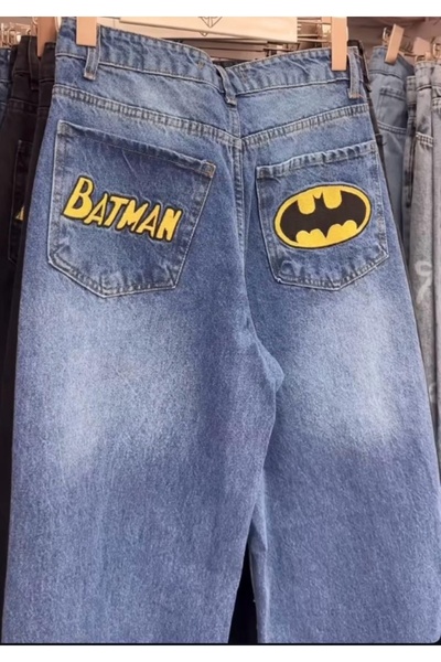 KOTOLOG Batman Kot Jeans Arka Cep Nakışlı Düz Renk Baggy Pantolon