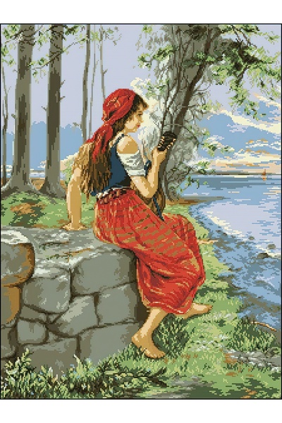 Goblen Atölyesi 40*50 سم لوحة فتاة تعزف الماندولين مطبوعة على قماش إيتمين مع خيط