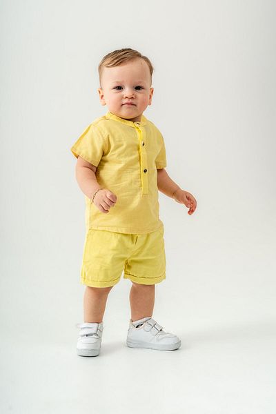 Magu Boys Cotton Yellow Button down Shirt Shorts Set - Short Sleeve Summer Suit