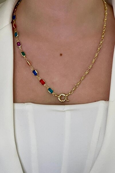 TAKIMOON Dümen Kilit Çift Zincir Renkli Taş Gold Altın Kaplama Kolye