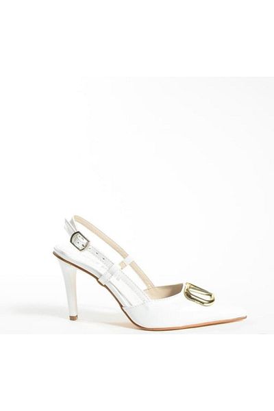 MY TREND White Patent Leather Open Back Pointed Toe V Buckle Women's Heeled Shoes