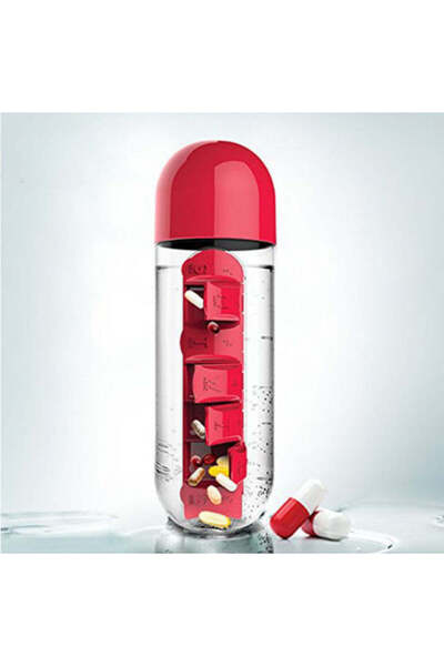 OEM Sticla 2 in 1 Red, cu organizator medicamente, 7 compartimente, 600 ml, rosu