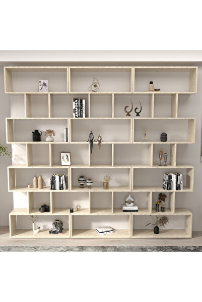 klubeconcept Yerden Tavana Traverten Desenli Kitaplık Dekoratif Büyük Boy Raf Ünitesi 100% MDF