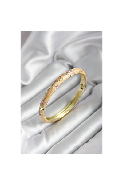 Findit Mineli Brass Cream Flower Patterned Zircon Stone Gold Color Women's Handcuffs (Diameter 60 mm)