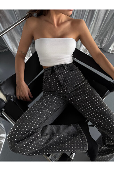 Diviny Női füstölt nagy kőmintás magas derekú palazzo szabású farmernadrág