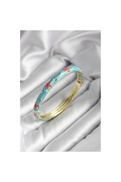 Findit Mineli Brass Blue Flower Patterned Gold Color Women's Handcuffs (Diameter 60 mm)