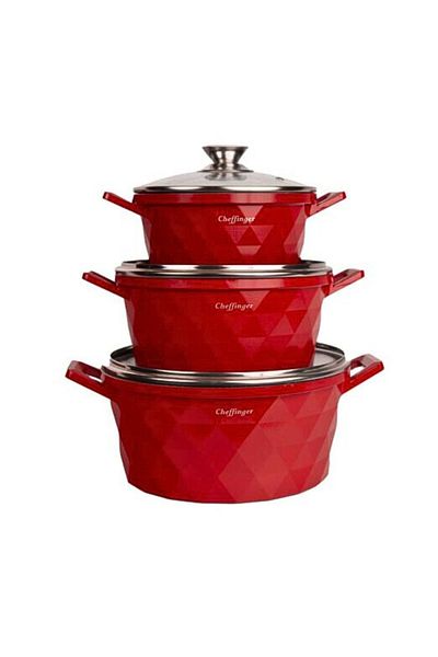 cheffinger Set of 3 Pans with Lid and Non-Stick Marble Coating Red