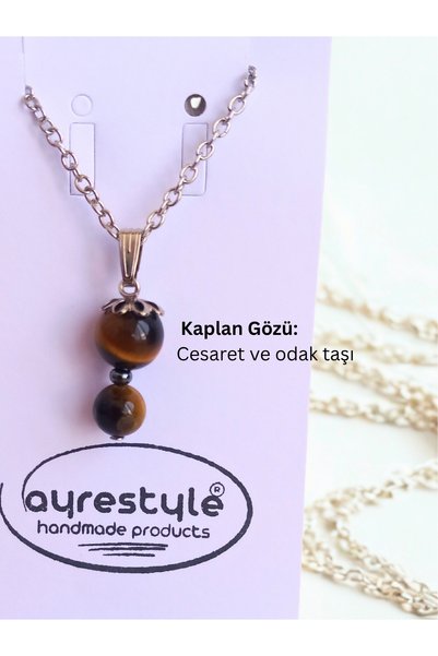 ayrestyle Minimalist Women's Necklace with Tiger Eye and Hematite Natural Stone Silver Color 45 cm Chain