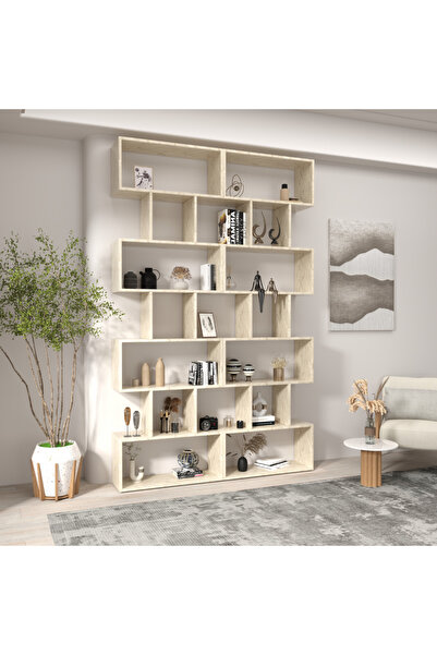 klubeconcept Yerden Tavana Traverten Desenli Kitaplık Dekoratif Büyük Boy Raf Ünitesi 100% MDF