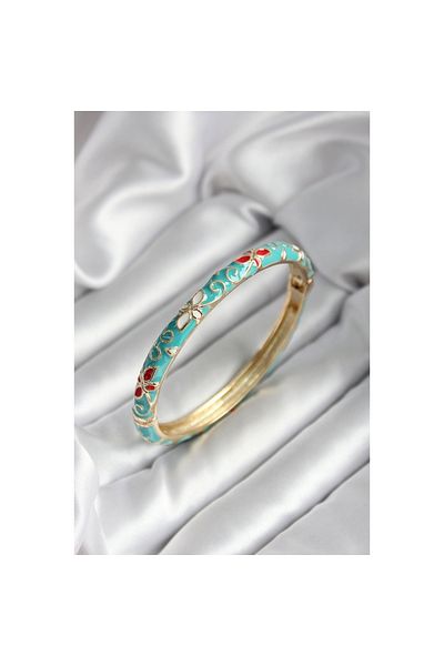 Findit Mineli Brass Turquoise Flower Patterned Gold Color Women's Handcuffs (Diameter 60 mm)
