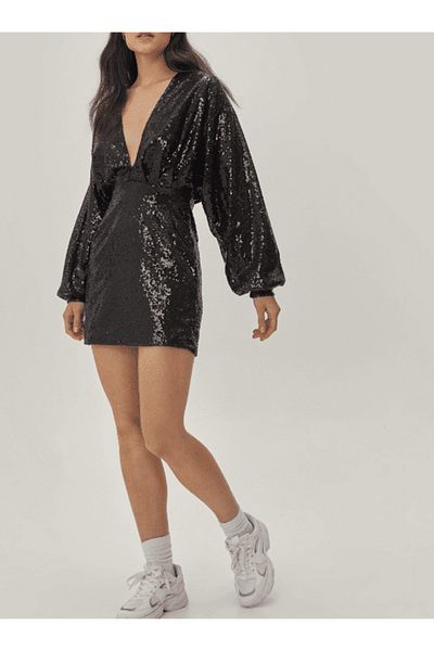 NASTY GAL Rochie Nasty Gal Balloon Sleeve Sequin Plunge