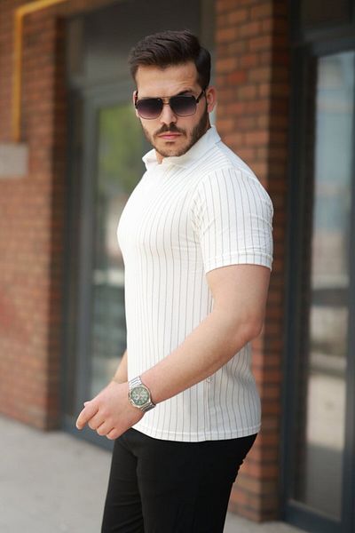 modaserdem Men's Collar Line Patterned Short Sleeve T-Shirt