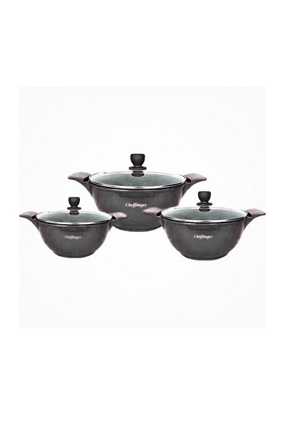 cheffinger Set of 3 Cheffinger Pans with Lids Non-Stick Marble Coating Black