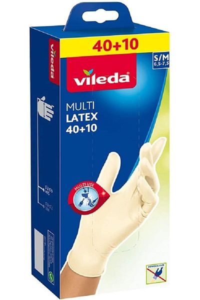 Vileda Disposable Multi Latex Gloves, Powder-Free, Ambidextrous Wear, Small/Medium, Pack Of 50, Whit