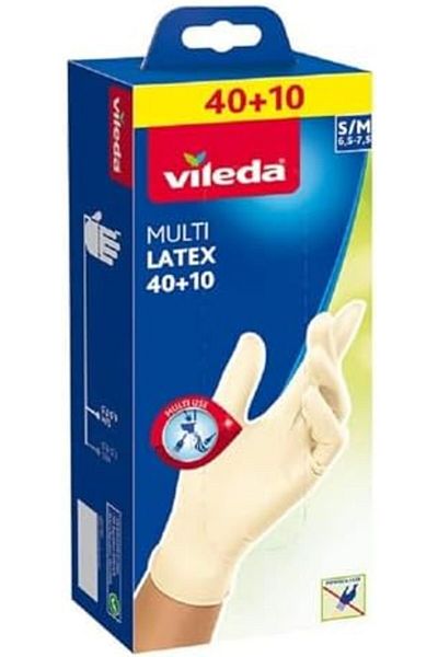 Vileda Disposable Multi Latex Gloves, Powder-Free, Ambidextrous Wear, Small/Medium, Pack Of 50, Whit