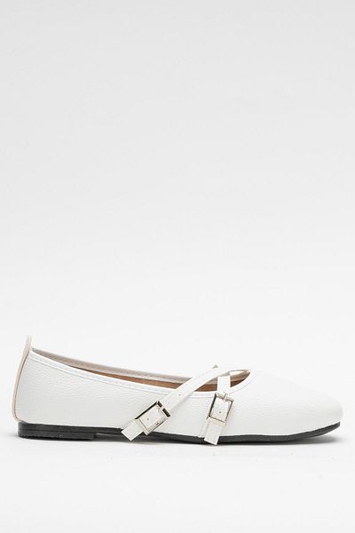 Liger Women's Cross Double Belted Ballerina Shoes White