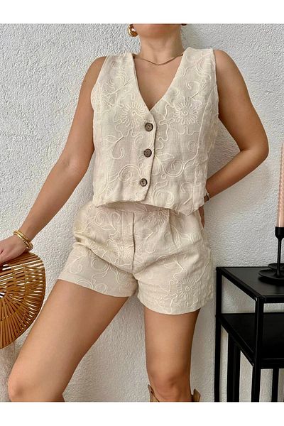 Modriq Women's Embroidered Crop Vest |   V-Neck Buttoned Lined Summer Vest