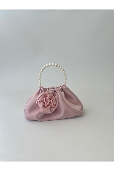 posst bag Parlak Saten Güllü İncili Portföy Abiye El Çantası