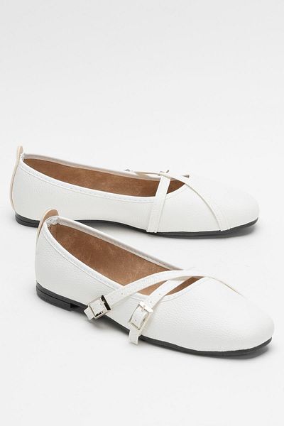 Liger Women's Cross Double Belted Ballerina Shoes White