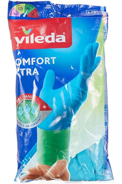 Vileda Comfort Extra Reusable Rubber Gloves L, Latex, Absorbent Interior, Protects Your Skin, Blue &