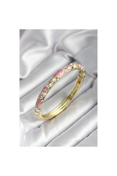 Findit Mineli Brass Pink Flower Patterned Zircon Stone Gold Color Women's Handcuffs