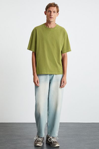 GRIMELANGE Ανδρικό μπλουζάκι JETT Oversize Fit 100% οργανικό βαμβάκι με χοντρή υφή με γιακά ποδηλάτου ανοιχτό πράσινο μπλουζάκι