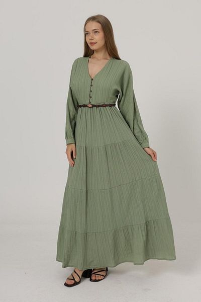 Kokosh moda Μακρυμάνικο φόρεμα με ζώνη με μισό κουμπί μπροστά - Χακί